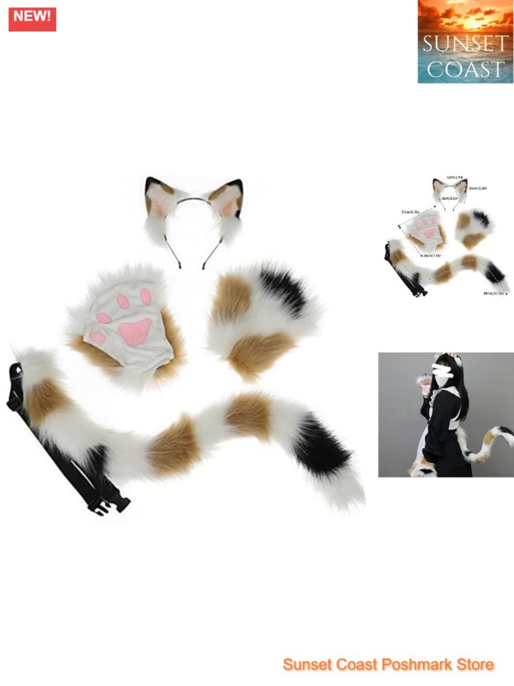 Faux Fur Cat Ears Wolf Fox Tail Claw Gloves Set Cosplay Halloween Costume